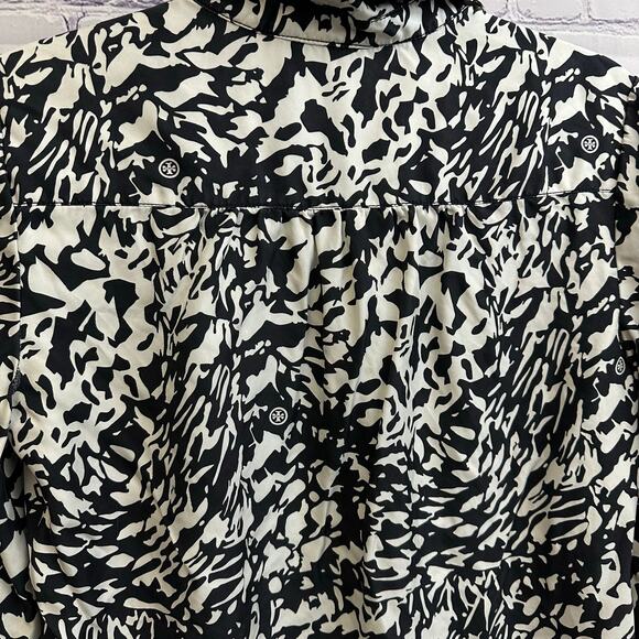 Tory Burch Black White Patterned 100% Silk T Logo Tunic Blouse Size 6 - Picture 8 of 11